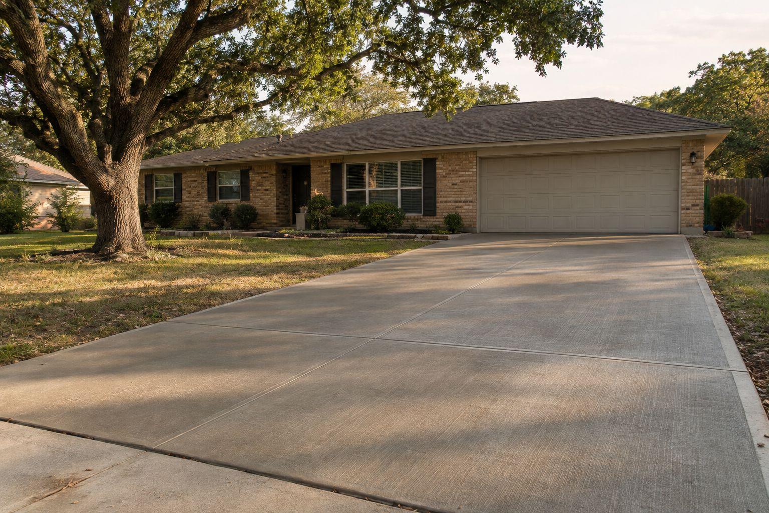New broom-finish concrete driveway at a single-story home in Central Texas
